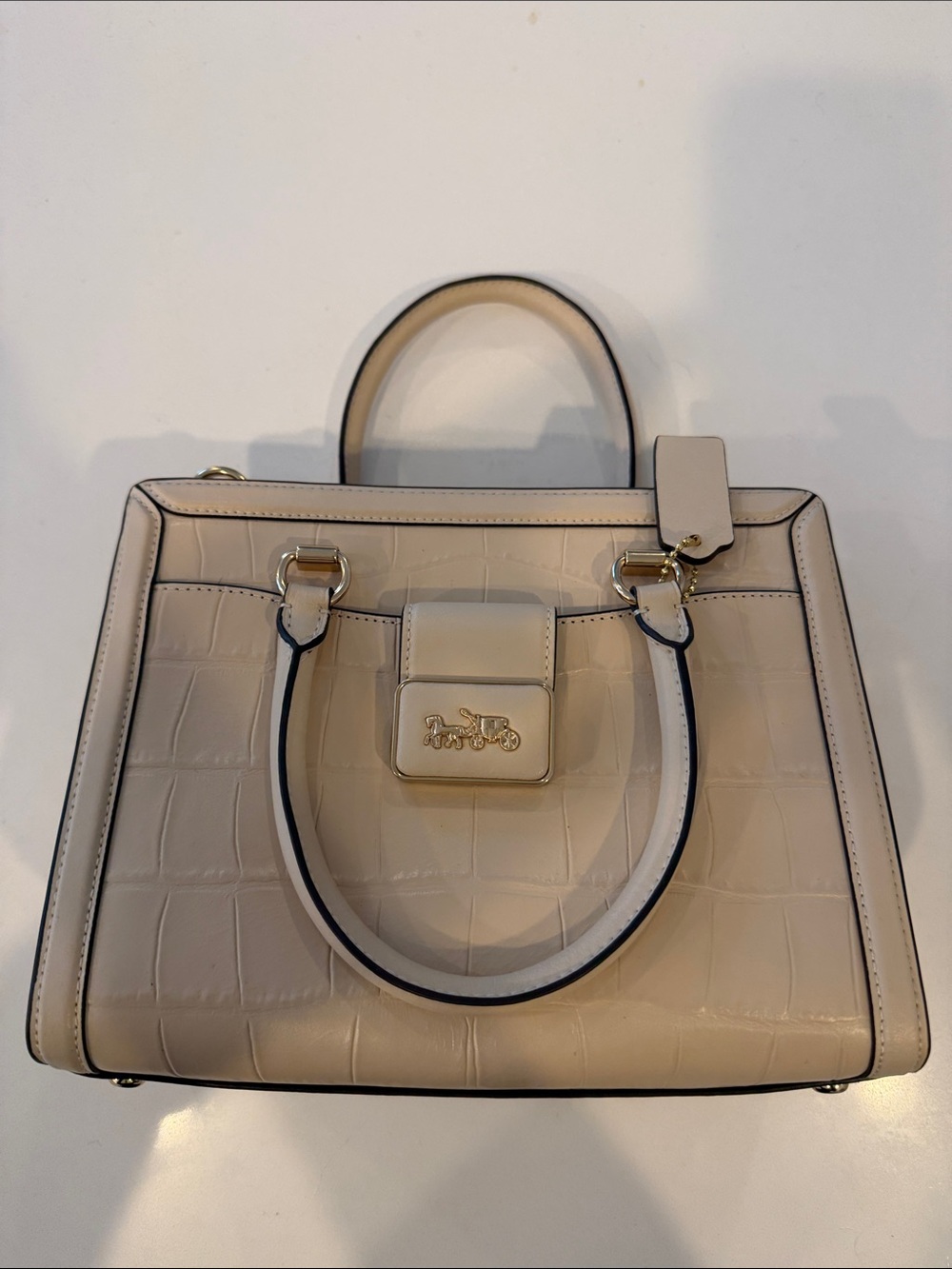 Coach Croc-Embossed Leather Satchel in Light Beige with Gold Hardware
